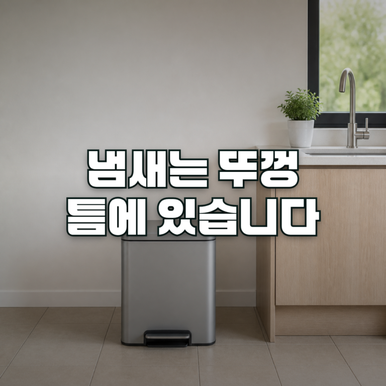 A closed kitchen waste bin standing on a clean tiled floor beside a sink cabinet, photographed straight on in soft dayli