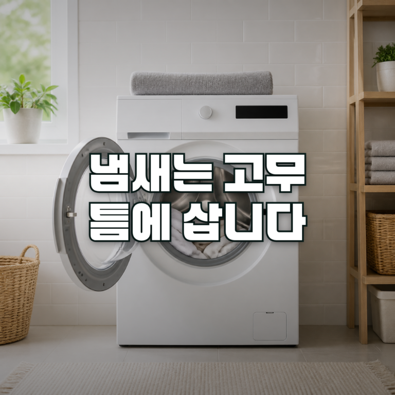 A front-loading washing machine with its door open in a clean, bright laundry room, photographed straight on from a shor