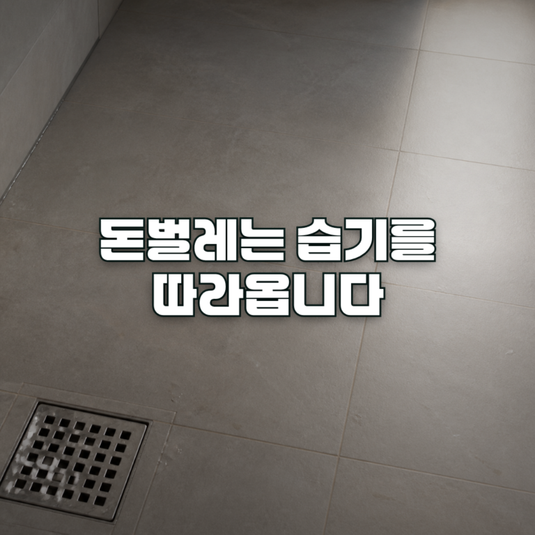 A clean, empty bathroom floor with light gray tiles, photographed from a slightly high angle. A floor drain sits in the