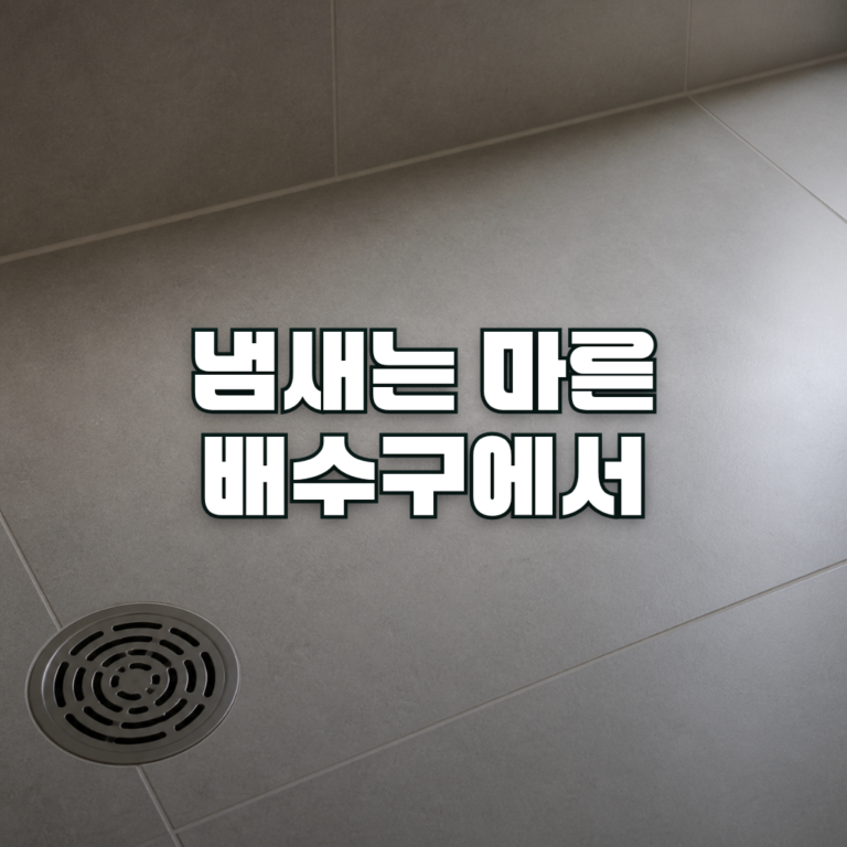 A clean, softly lit bathroom floor of pale gray tiles, photographed from above at a slight angle. A round metal floor dr