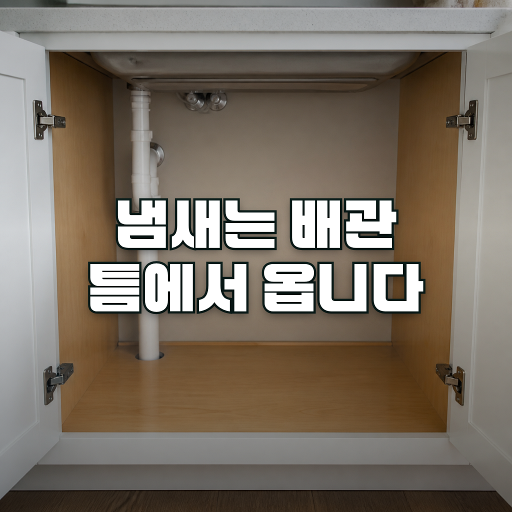 An open under-sink kitchen cabinet photographed straight on, doors swung wide, interior empty and clean with a plain woo