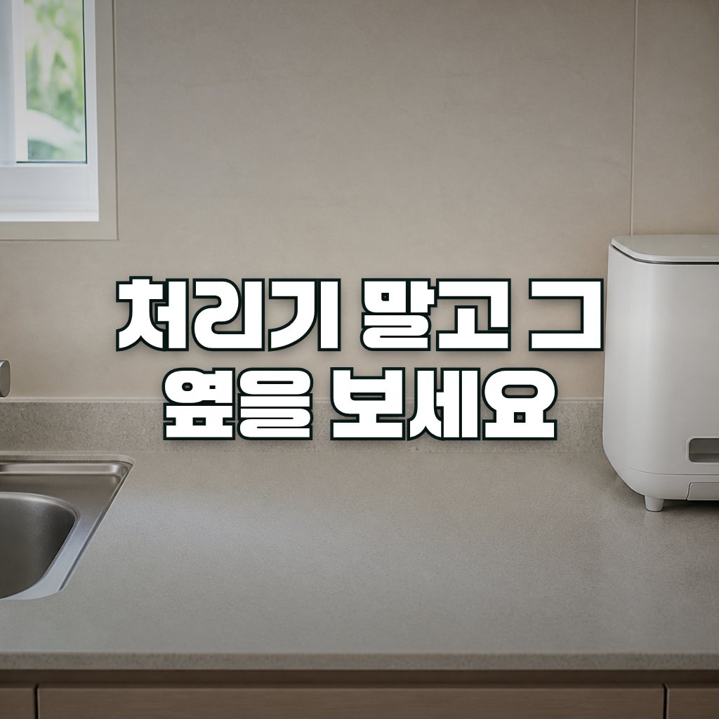 A clean modern Korean kitchen countertop photographed straight on, with a stainless steel sink on the left edge and a sm