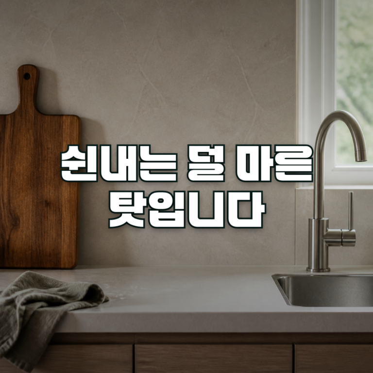 A clean kitchen sink area photographed straight on, with a wooden cutting board leaning against the backsplash and a fol