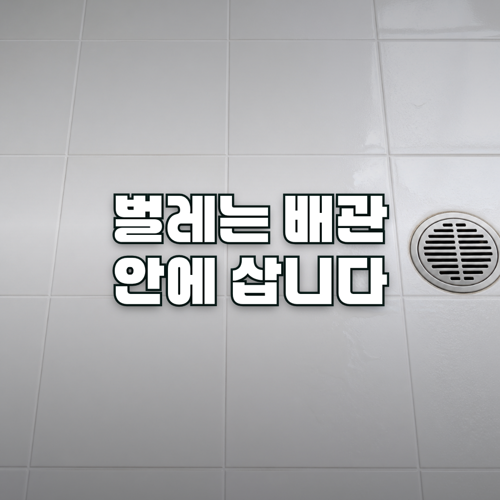 A close-up of a clean white tiled bathroom floor with a stainless steel round floor drain slightly off to one side, soft