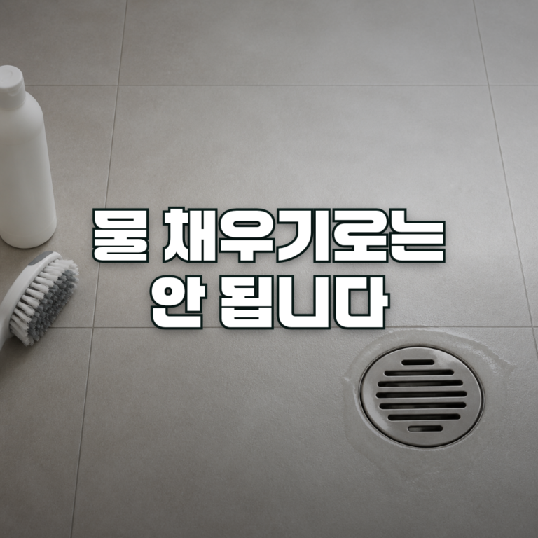Overhead view of a clean pale gray tiled bathroom floor, softly lit from a window. A round stainless steel floor drain c