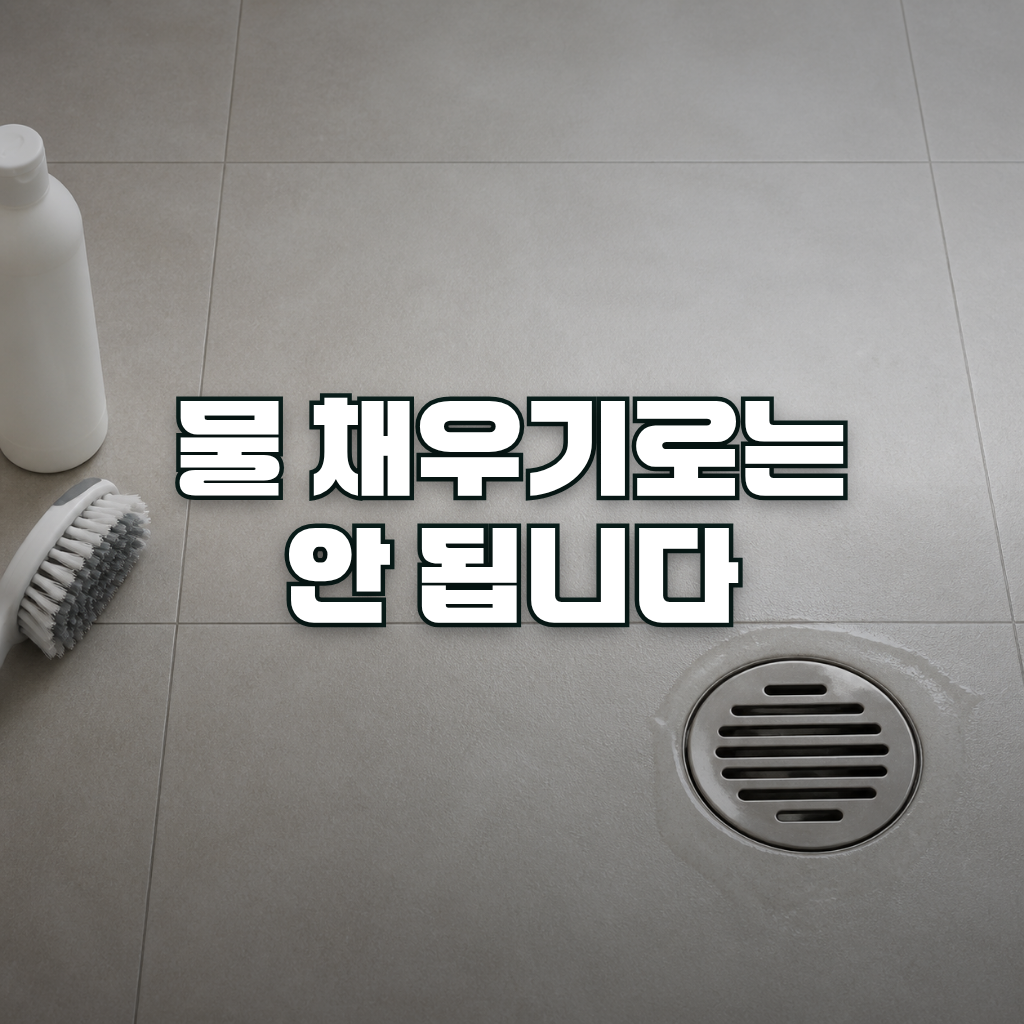 Overhead view of a clean pale gray tiled bathroom floor, softly lit from a window. A round stainless steel floor drain c
