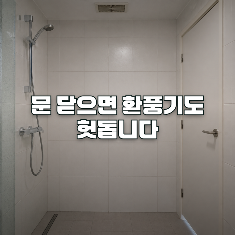 A small windowless bathroom photographed straight on, showing a white tiled wall, a shower area, and a closed door with