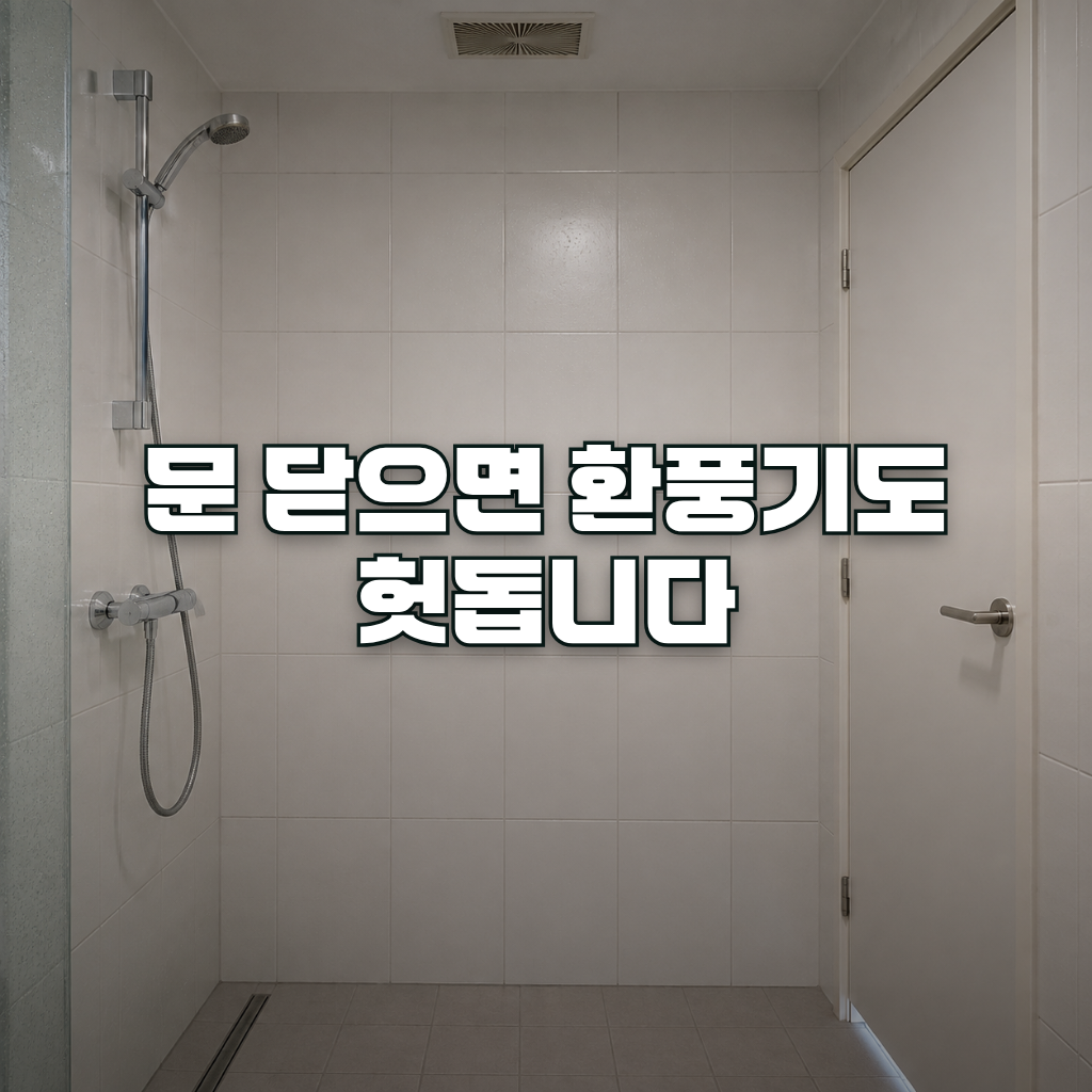 A small windowless bathroom photographed straight on, showing a white tiled wall, a shower area, and a closed door with