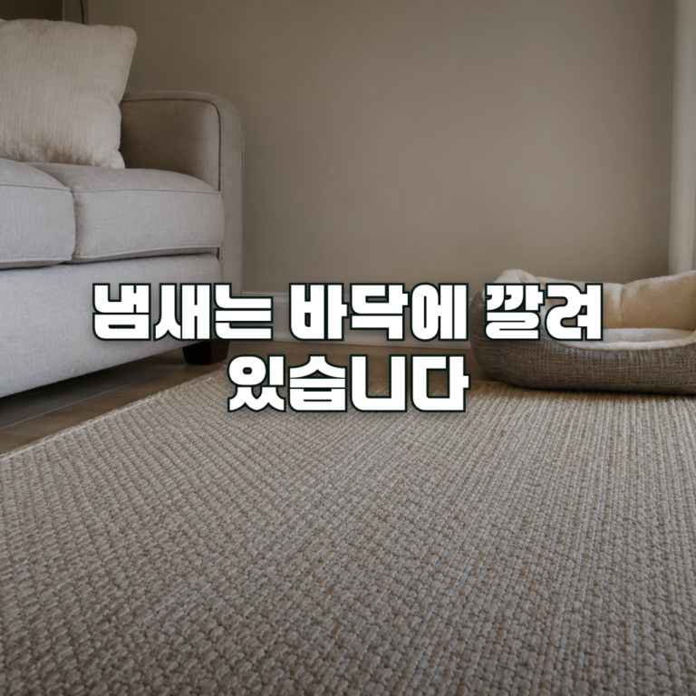 A quiet living room corner photographed at low height, close to the floor: a fabric sofa edge, a woven rug, and a pet be