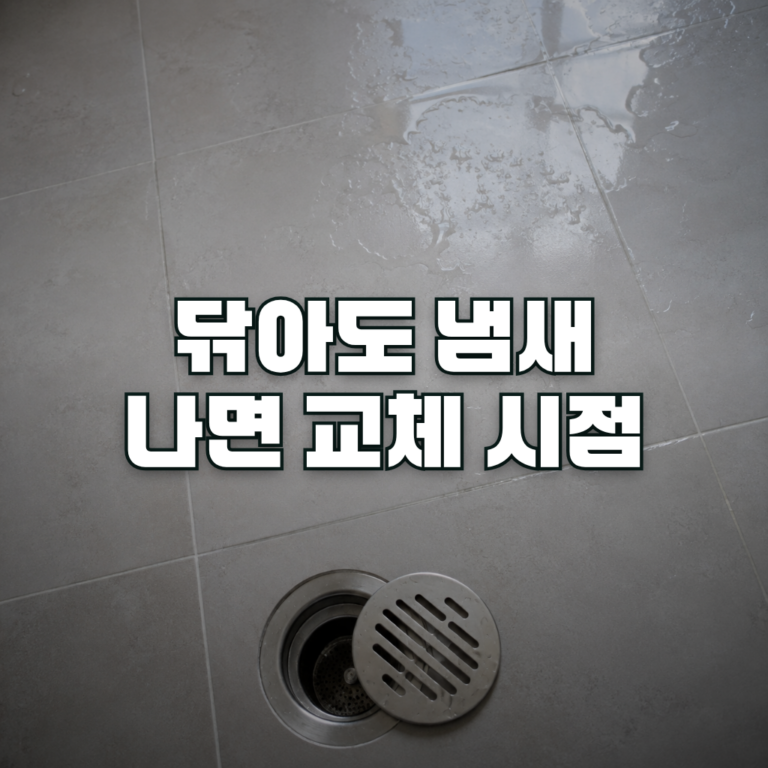 A clean bathroom floor drain photographed from directly above, its round metal cover slightly lifted and resting off-cen