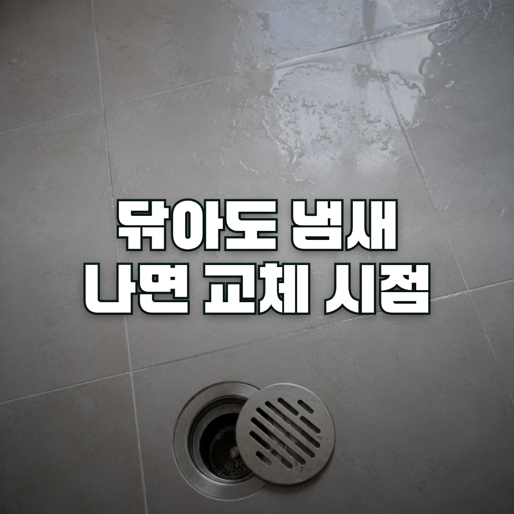 A clean bathroom floor drain photographed from directly above, its round metal cover slightly lifted and resting off-cen