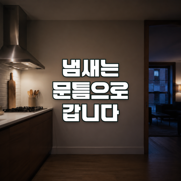 A quiet apartment kitchen photographed from the hallway in the evening, with a stainless range hood on the left and an o