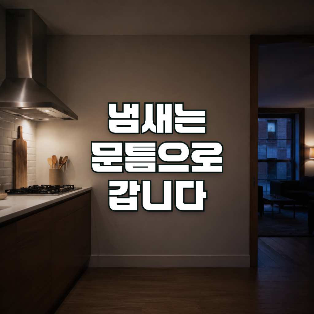 A quiet apartment kitchen photographed from the hallway in the evening, with a stainless range hood on the left and an o
