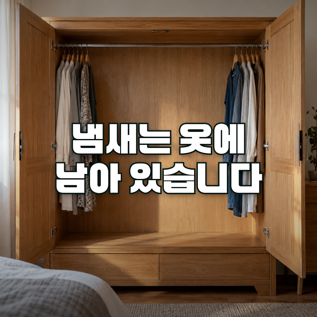 A wooden wardrobe with both doors opened wide in a quiet bedroom, clothes pushed to the left and right sides so the midd