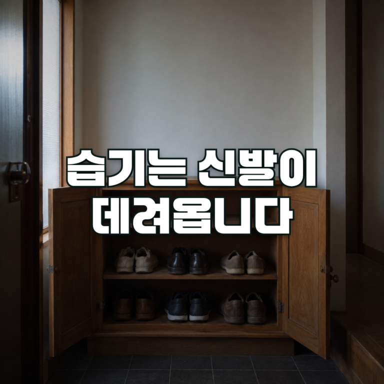 A wooden shoe cabinet with its doors open in a dim, narrow entryway, shoes arranged on the lower shelves and soft daylig