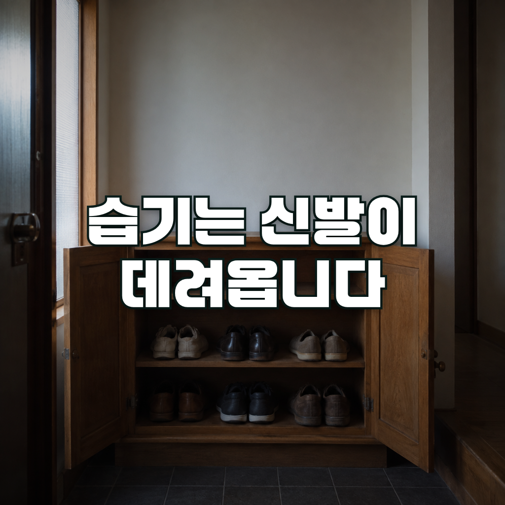 A wooden shoe cabinet with its doors open in a dim, narrow entryway, shoes arranged on the lower shelves and soft daylig