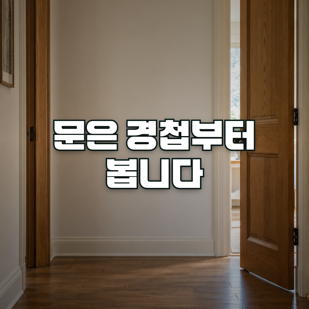 A wooden interior door standing slightly ajar in a bright hallway, seen straight on, with the visible gap between door e