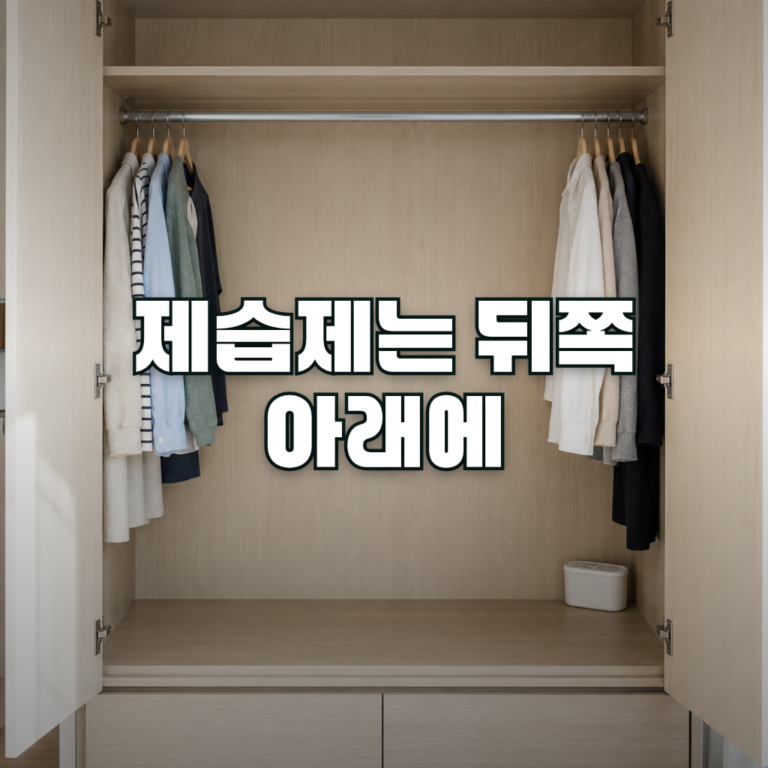 An open built-in wooden wardrobe in a bright, clean Korean apartment, with neatly hung clothes pushed to the left and ri