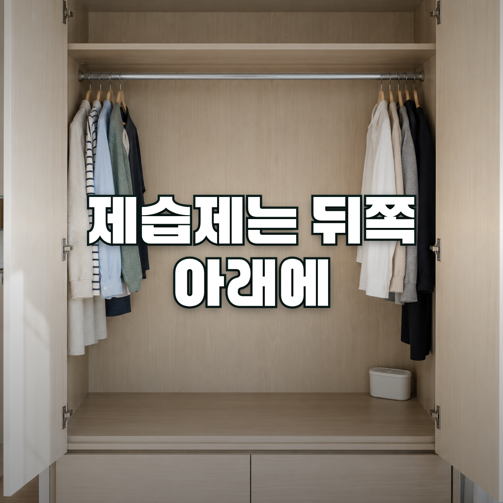 An open built-in wooden wardrobe in a bright, clean Korean apartment, with neatly hung clothes pushed to the left and ri
