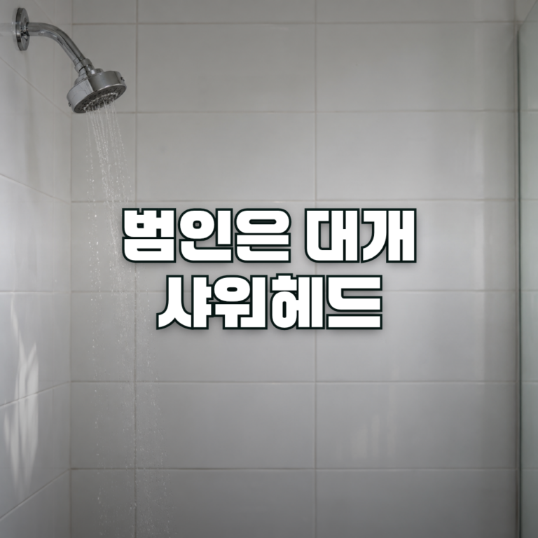 A clean modern bathroom with white tiles and a chrome shower head mounted at the upper left, releasing a thin, weak stre