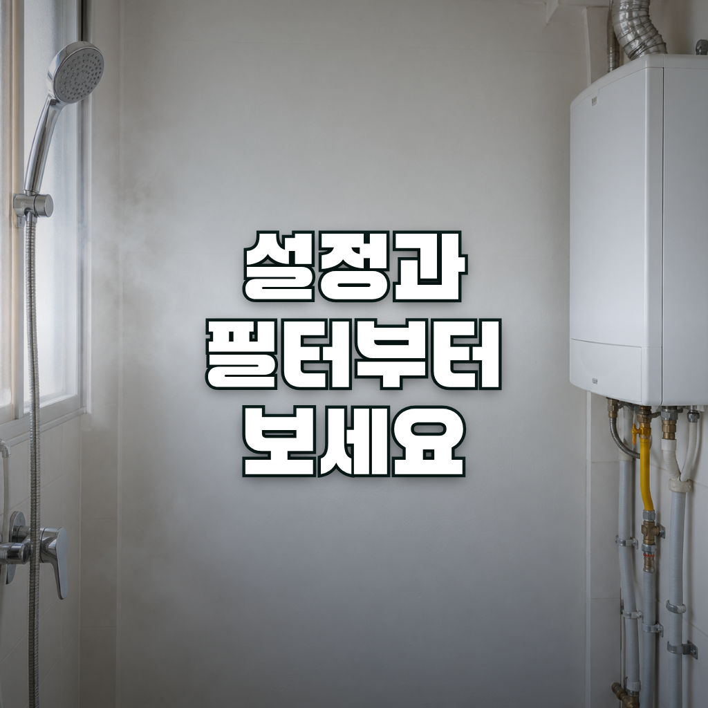A clean, softly lit Korean apartment utility room with a white wall-mounted gas boiler placed off to one side and neat p