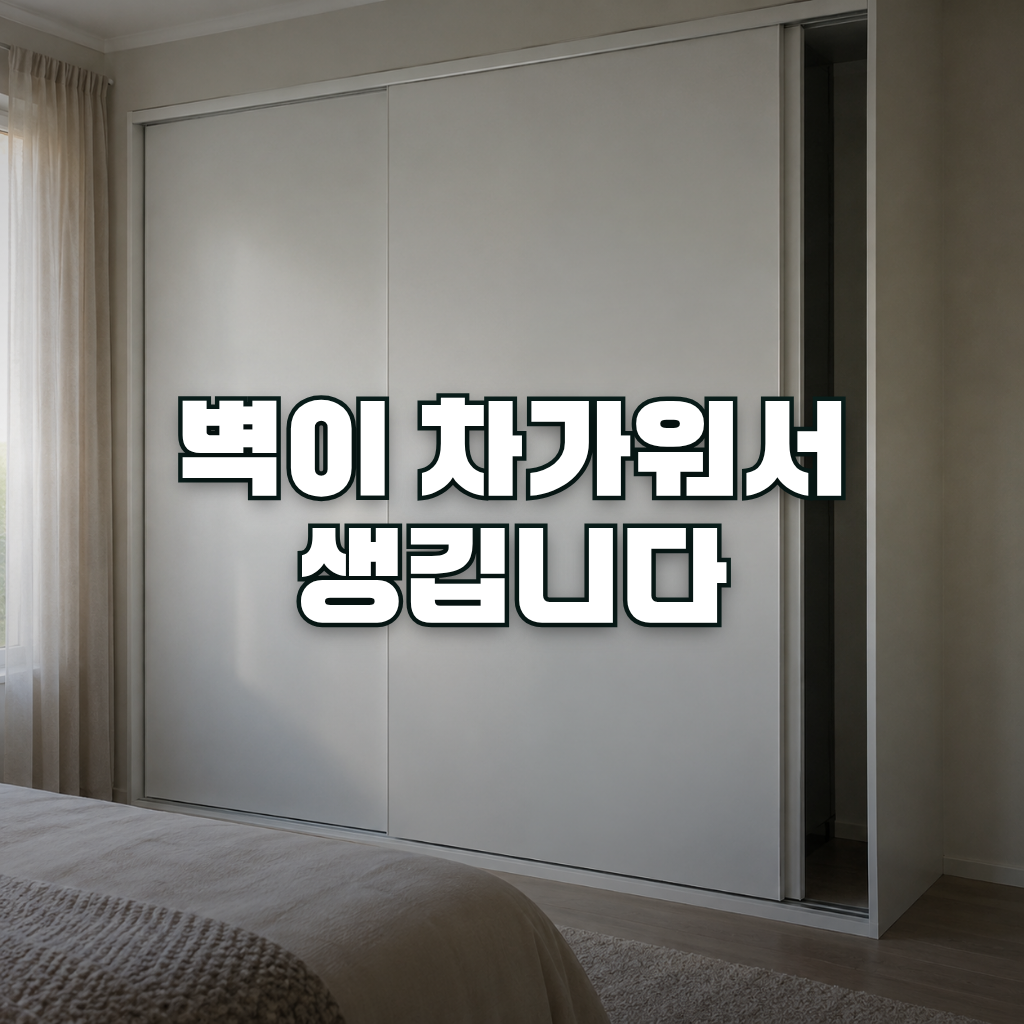 A built-in white wardrobe in a quiet bedroom, one sliding door pushed aside to reveal a narrow dark gap between the ward