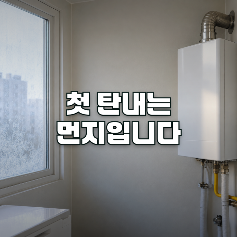 A clean wall-mounted gas boiler in a bright Korean apartment utility room on a winter morning, with a frosted window let