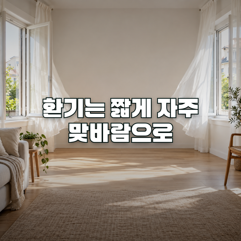 A bright, clean apartment living room with two windows on opposite walls both opened wide, sheer curtains gently lifted