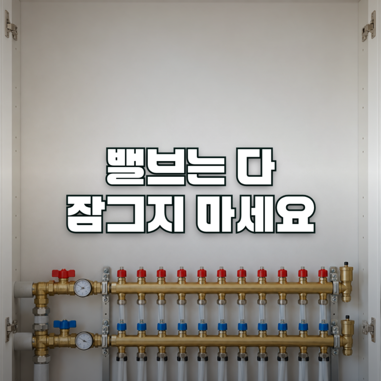 A clean underfloor heating manifold mounted low on a wall inside a bright utility cabinet, with a row of colored valve h