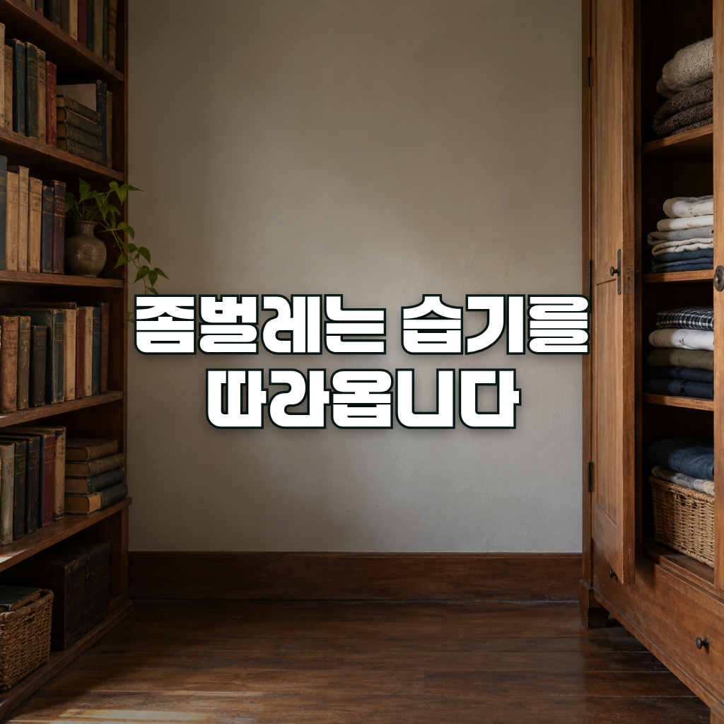 A quiet corner of a home with a wooden bookshelf of old hardcover books on one side and a half-open wardrobe with folded