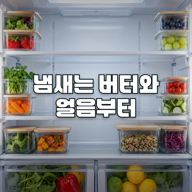 A clean, softly lit open refrigerator interior seen straight on, with neatly arranged glass containers on the lower shel