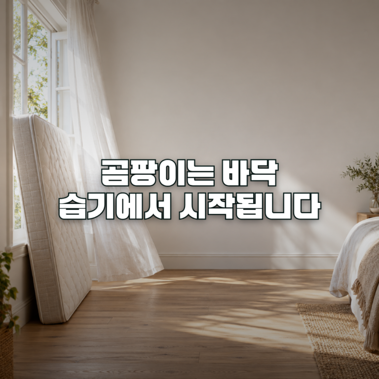 A quiet bedroom corner with a mattress propped upright against an open window, soft morning light and a gentle breeze mo