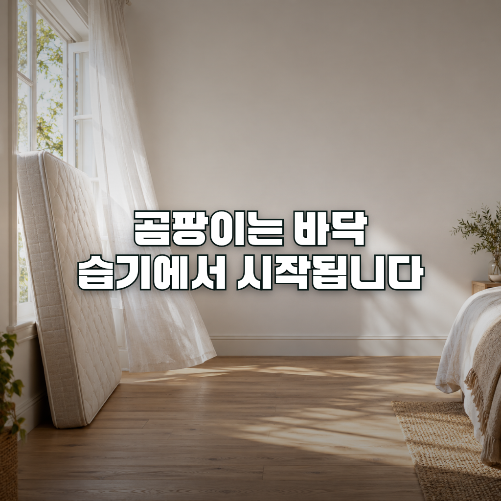 A quiet bedroom corner with a mattress propped upright against an open window, soft morning light and a gentle breeze mo
