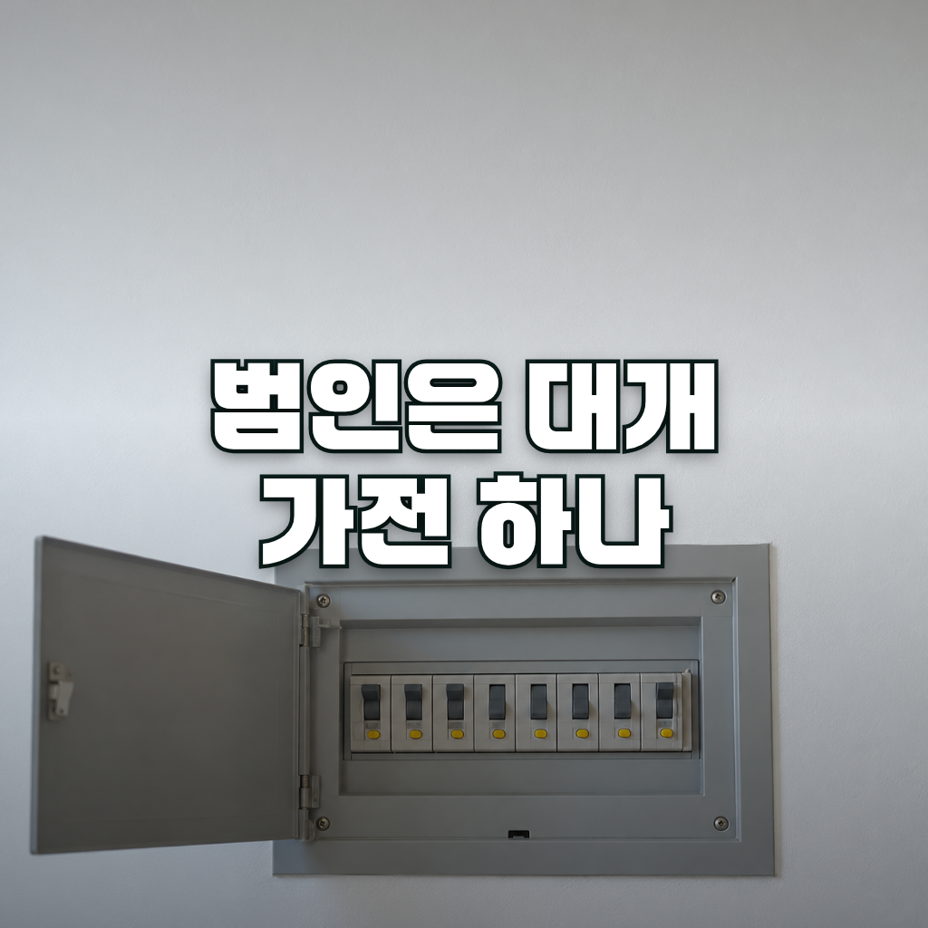A residential electrical distribution panel mounted on a clean white wall in a Korean apartment hallway, with its gray c