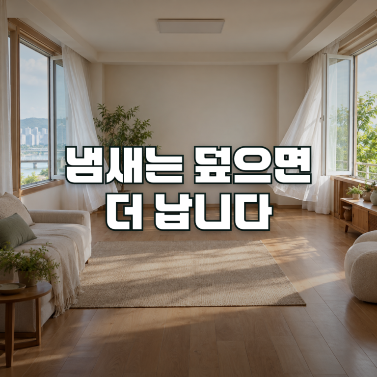 A quiet, softly lit Korean apartment living room with two windows open on opposite sides and sheer curtains gently movin