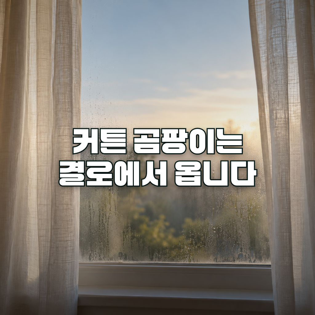 A quiet living room window in soft morning light, with pale linen curtains drawn to both sides and fine condensation dro