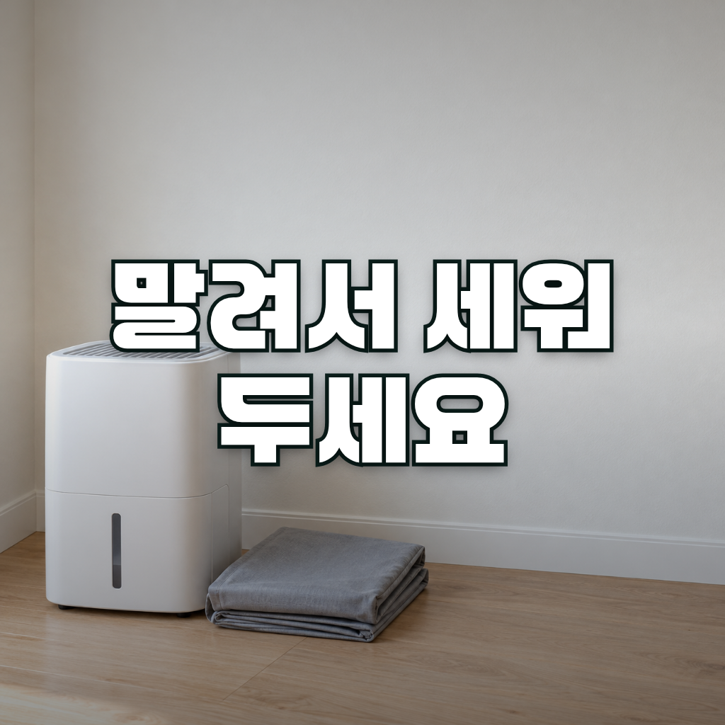 A compact white home dehumidifier standing upright beside a neatly folded grey fabric dust cover in a calm, softly lit i