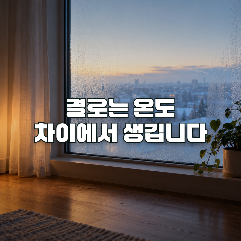 A quiet winter apartment interior at early morning, a large window softly fogged with fine condensation, pale blue cold