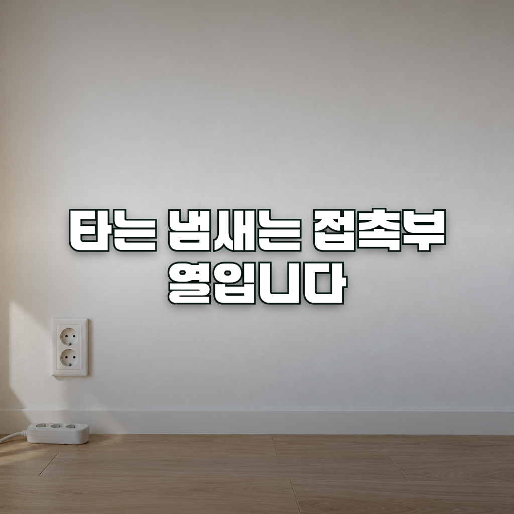 A clean white wall outlet in a calm, softly lit Korean apartment living room, with a power strip resting on a light wood