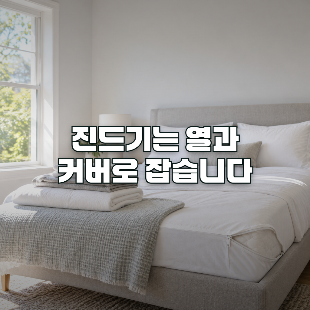 A neatly made bed in a bright, minimal bedroom, with a white zippered mattress encasement partly visible at the corner a