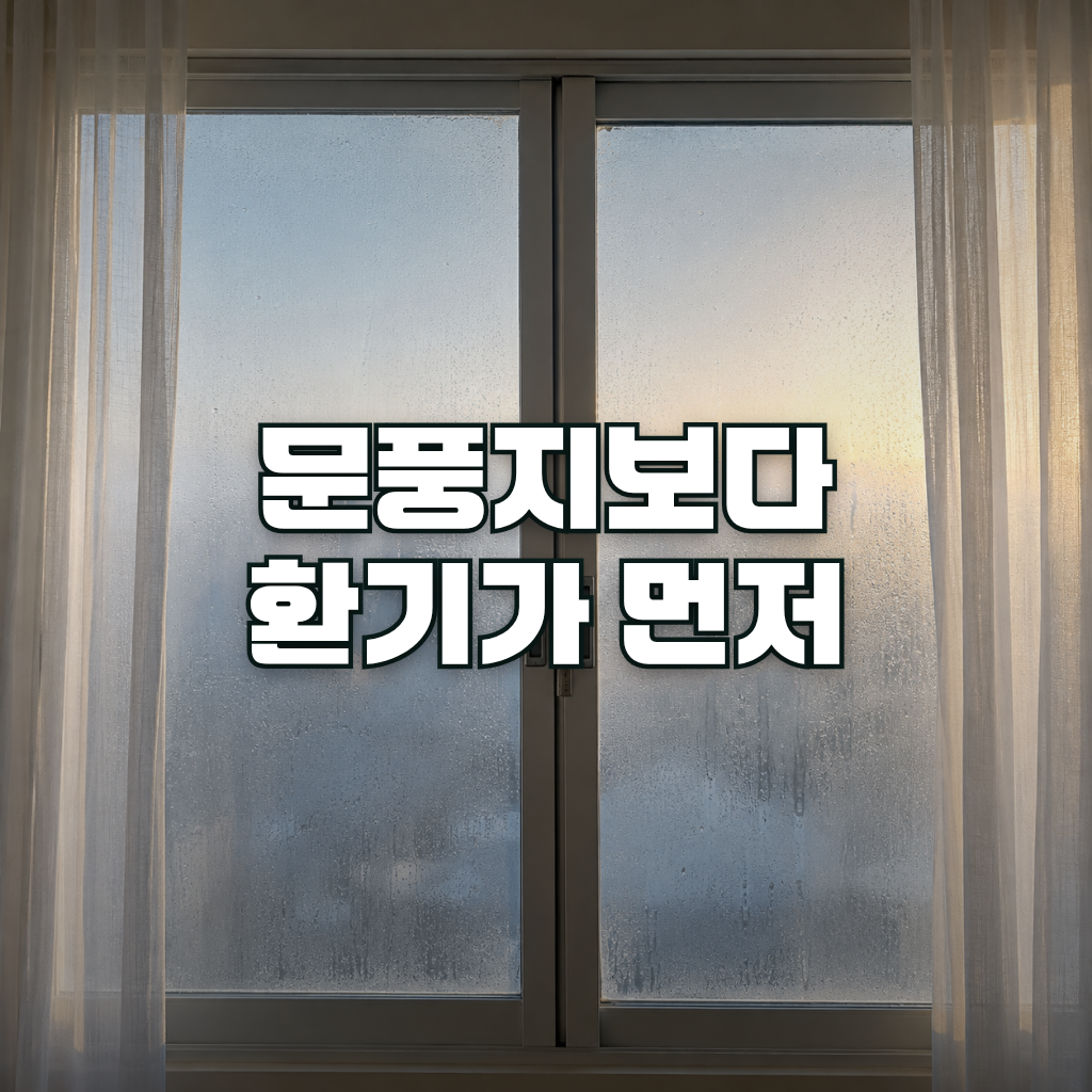 A quiet Korean apartment window in early winter morning, double sliding window frames with light condensation on the gla